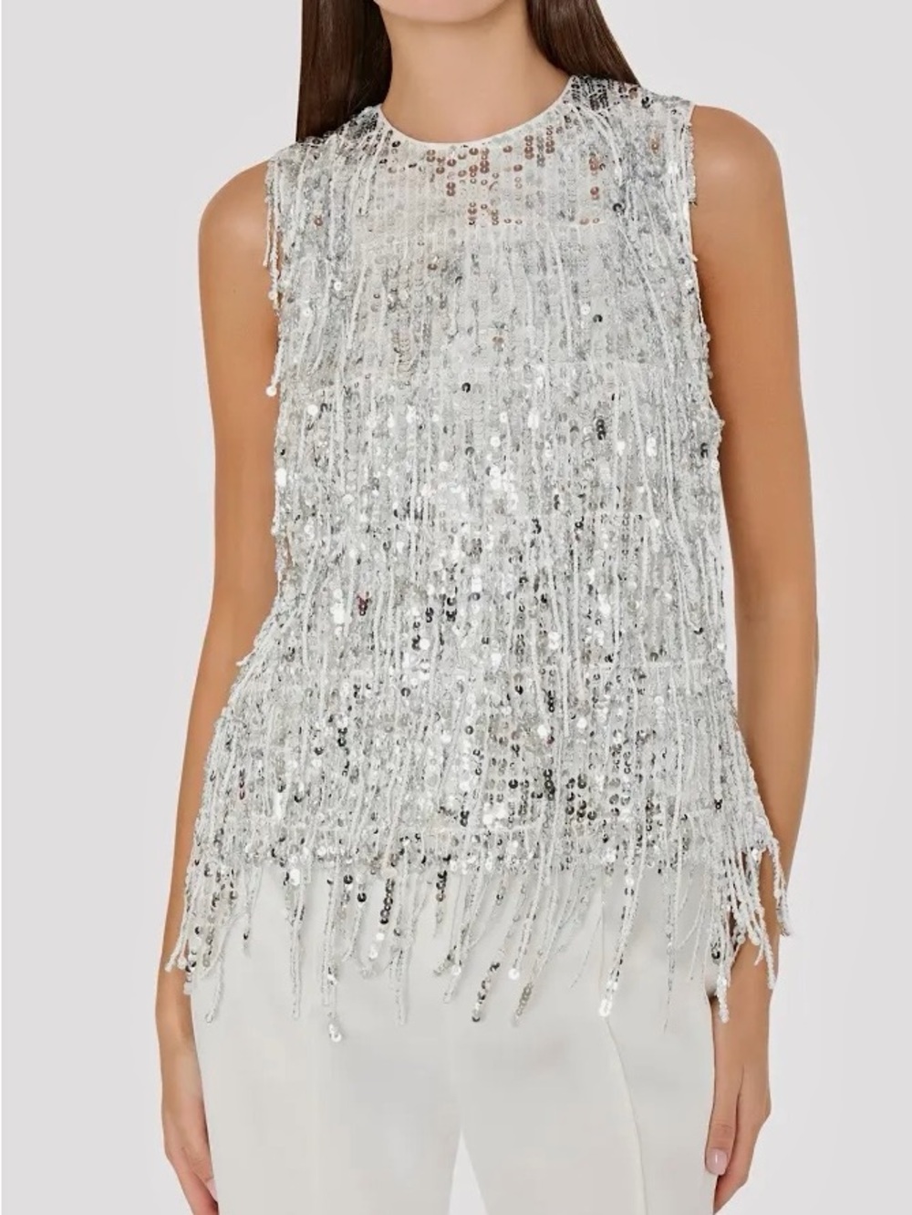 Milly NWOT Royce Sequin Fringe Sleeveless Top, Silver, lined, szS